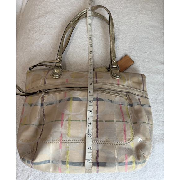 Coach Bag Poppy Glam Tote Tattersall Lurex Sequin Signature Metallic golden Sz-M - Picture 5 of 15